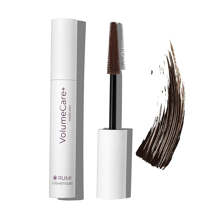Rumi Cosmetiques VolumeCare+ Mascara For Mature Women - Extreme Length and Volume 2-in-1 Formula - No Clumps or Flaking Long-Wearing Hypoallergenic Mascara For Sensitive Eyes (Dark Brown)