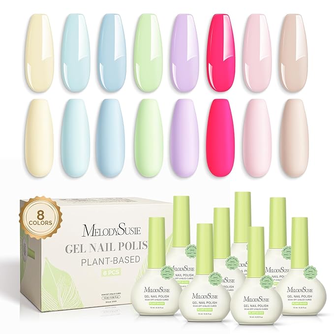 MelodySusie Plant Based Gel Nail Polish SetSpring and Summer Macaron ColorsHema FreeSoak Off UV LED Gel Polish Nail Art Manicure Salon DIY at Home 8Pcs 10ml/0.34 fl oz