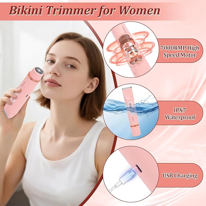 VINGVO Electric Hair Removal Epilator for WomenDual Head Bikini Trimmer Waterproof? Facial Remover Lady Hair Bikini Shaver for Face Lip Chin Cordless Pubic Hair Removal for Face &amp Legs (Pink