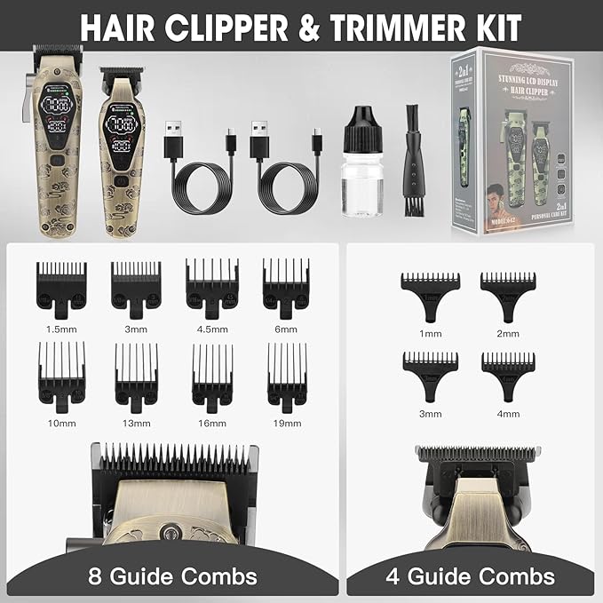 Professional Hair Clipper for Men - Cordless Clippers and Trimmers Set Heavy-Duty Motor Hair Cutting Kits with LED Display 7000RPM High-Power Motor USB Charging Gifts for Men Bronze