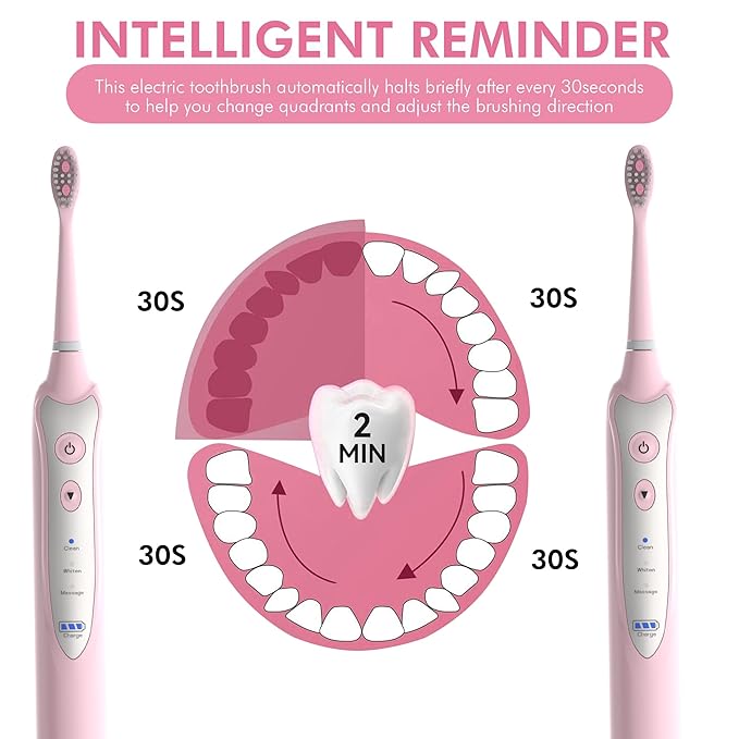 Sonic Electric Toothbrush for Adults with 5 Toothbrush Replacement Heads 3 Brushing Modes &amp 2 Minutes Built-in Timer Travel Toothbrushes with Inductive Charging Rechargeable toothbrush | Pink