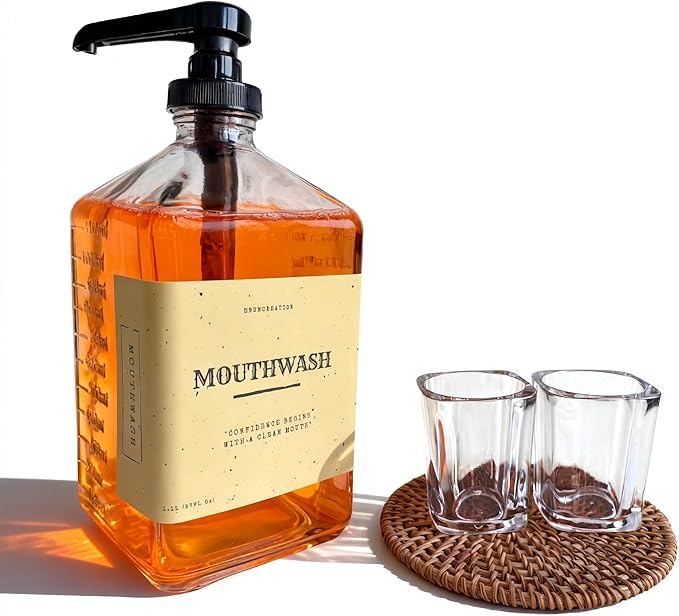 eBun 37oz Glass Mouthwash Dispenser for Bathroom Mouthwash Dispenser Pump Mouth Wash Container with Reusable Cup Mouth Wash Bottle Countertop Kitchen Sink Dish Liquid Soap Holder Set (Black)