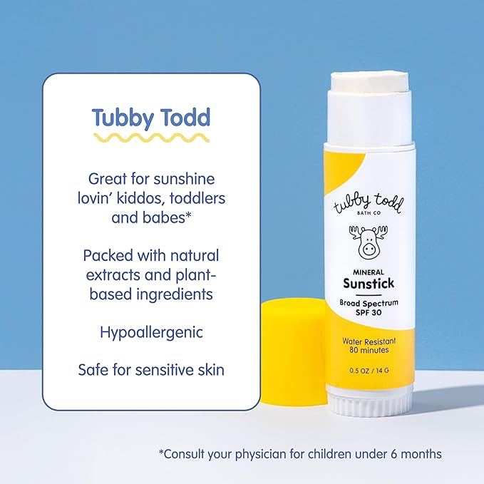 TUBBY TODD Mineral Sunstick - Broad Spectrum SPF 30 Sunscreen for Kids - Water-Resistant Stick Sunscreen for Body &amp Face - Safe for Sensitive Skin - 2 Pack 0.5 oz