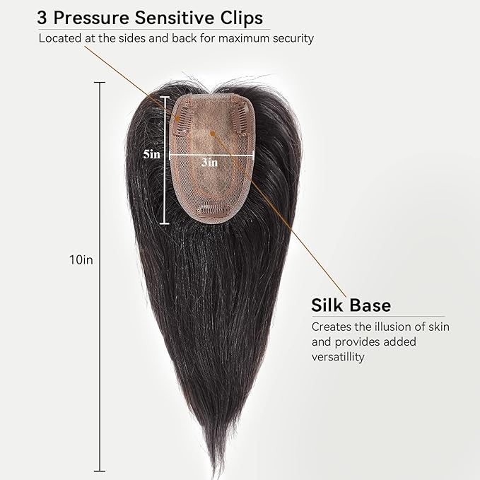 HAIRCUBE 100% Real Human Hair Toppers with Bangs 150% Density Silk Base Clip in Topper Top Hair Pieces for Women with Thinning Hair/Hair Loss Cover Gray Hair 10 Inch 1B# 35g