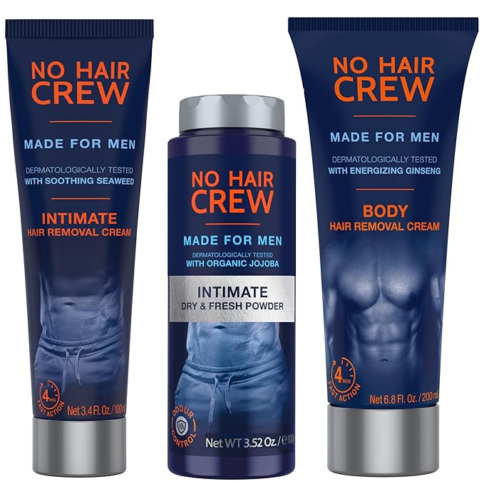 No Hair Crew | The Mega Bundle | Intimate and Body Hair Removal Creams with Intimate Dry &amp Fresh Powder | Made for Men