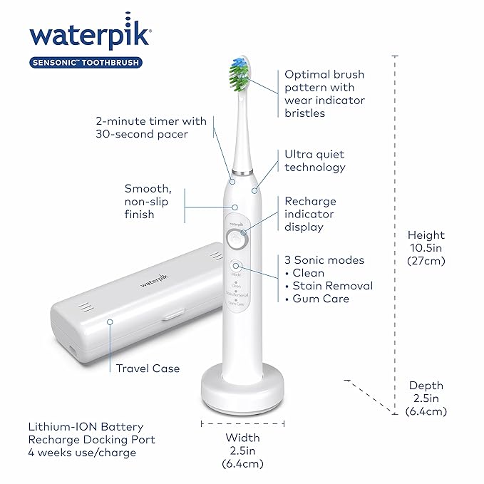 Waterpik Sensonic Sonic Electric Toothbrush Rechargeable Toothbrush for Adults with 3 Modes Travel Case USB Charger White STW-03W020 Packaging May Vary