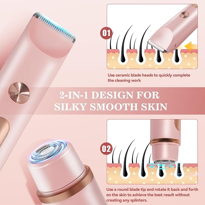 Bikini Trimmer for Women 2in1 High Power Epilators Hair Removal Waterproof Electric Razors Women's Electric Razor Pubic Hair Trimmer Shaver for Women for Ladies Pubic Face Underarms Legs (Pink)