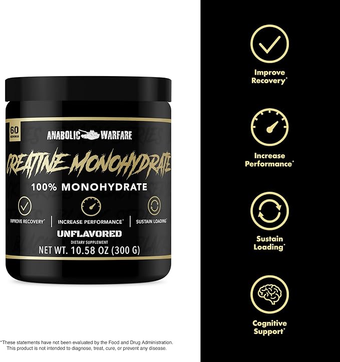 Anabolic Warfare Creatine Monohydrate Post Workout Recovery Increase Performance Sustain Loading Premium Creatine* (60 servings)