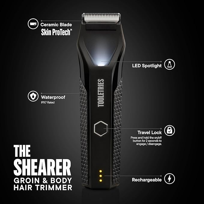 TOOLETRIES The Shearer - Groin &amp Body Hair Trimmer for Men Electric Shaver for Pubic Hair Balls Groin Chest Legs Waterproof Wet/Dry Clippers Rechargeable Bonus Shower Kit