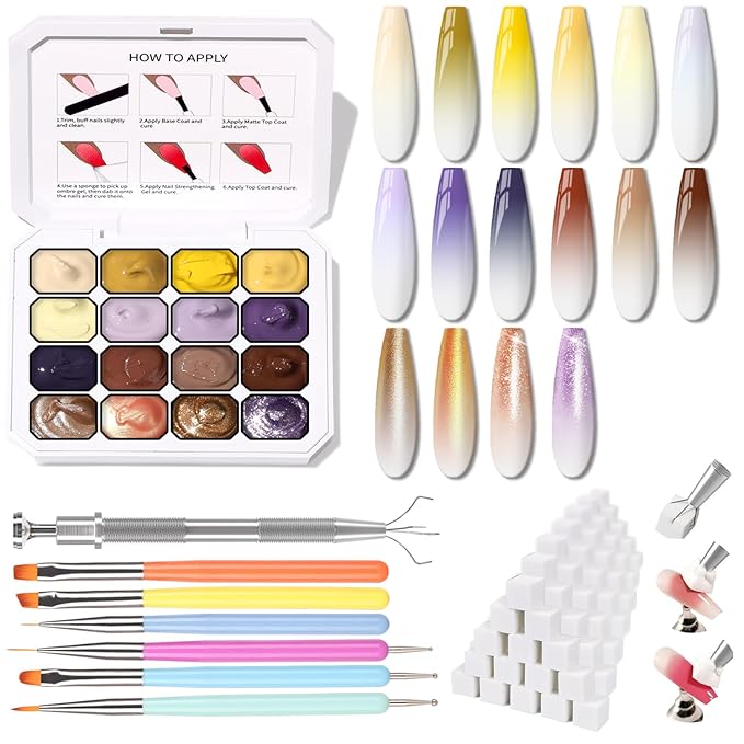 Sponge Pat Paint Nail Gel Ombre Nails Gradient Gel Nail Blush Blooming Aura Nails Drawing Stripper Floral Painting DIY Nail Art No Wipe UV/LED Curing (16 Colors K)