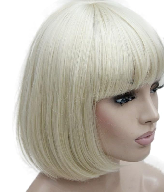 Lydell 8 Straight Short Bob Hair Flat Bangs Cute Central Dot Skin Top Heat Resistant Synthetic Wigs (614 Pale Blonde)