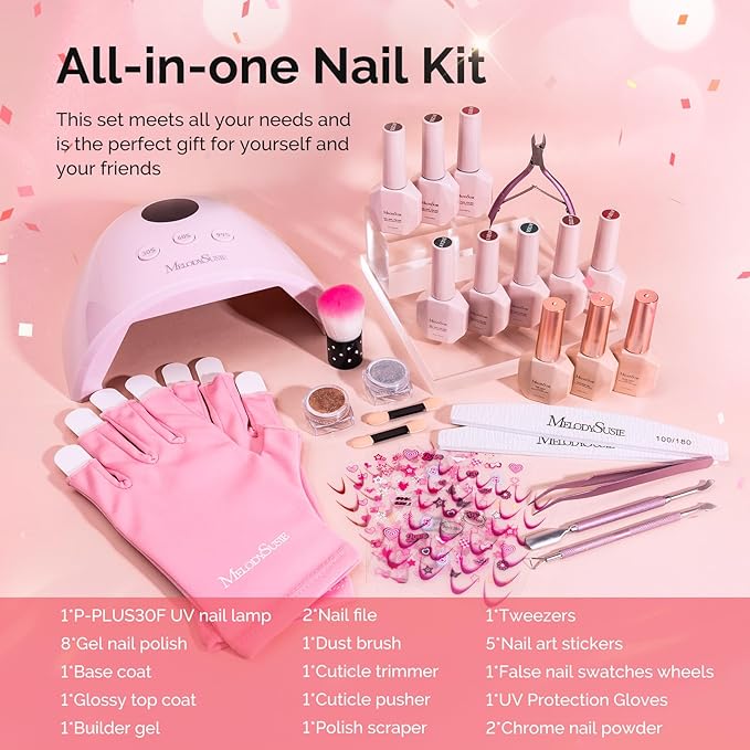 MelodySusie Gel Nail Polish Kit with UV Light P-PLUS30F- Popular Color Gel with Builder and Baser &ampGlossy Top Coat Soak Off Includes Nail Art Tools Nail Art Gift for Women &amp Girls