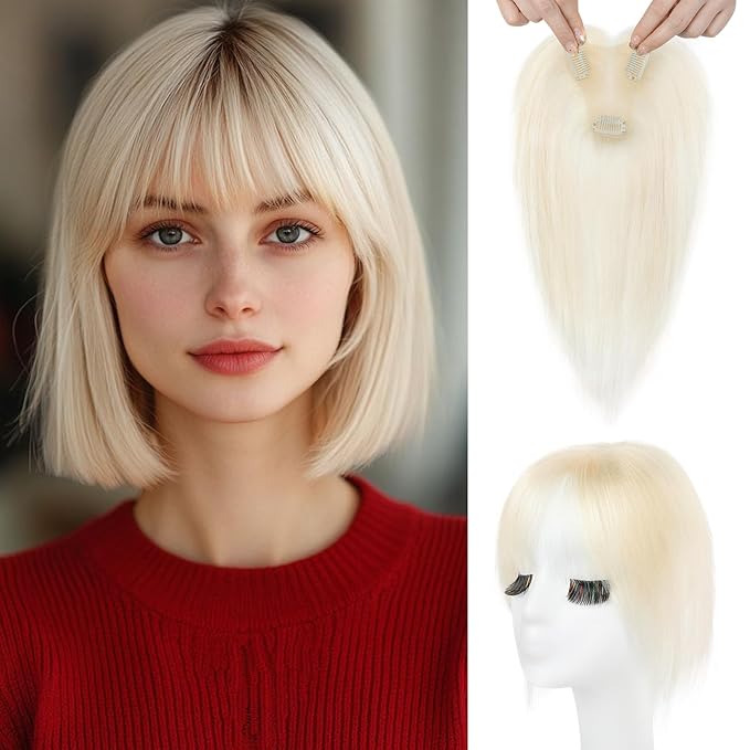 REECHO Hair Toppers for Women Real Human Hair Seamless Human Hair Toppers with Bangs 360° 3D Cover Clip in Bangs Hair Extensions for Daily Wear White Blonde