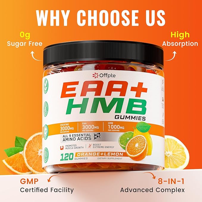 EAA Gummies for Men Women 120 Ct Essential Aminos Acids (EAA)Supplements and All Branched-Chain Aminos (BCAAs)with HMBCreatine MonohydrateElectrolytes for Muscle Relief &amp GrowthOrange-Lemon