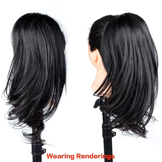 Hair Accessories Ponytail Hair Extensions Brazilian Human Hair 12-18 Inch Tail Warped Ponytail Wig with Drawstring Ponytail Barrette Hair Pieces For Women(16inch 100g)