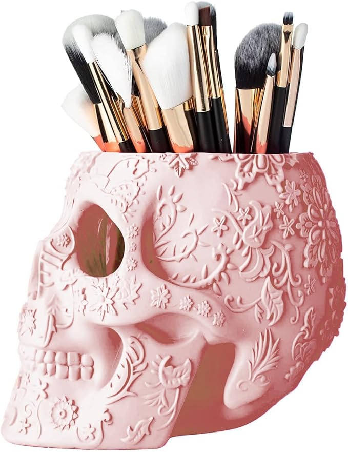 Skull Makeup Brush Holder Pen Holder Vanity Desk Office Organizer Stationary Decor Planter Candy Bowl Goth Decorations Extra Large Skulls Gothic Skull &amp Bones Organizer Bathroom (Cloud P