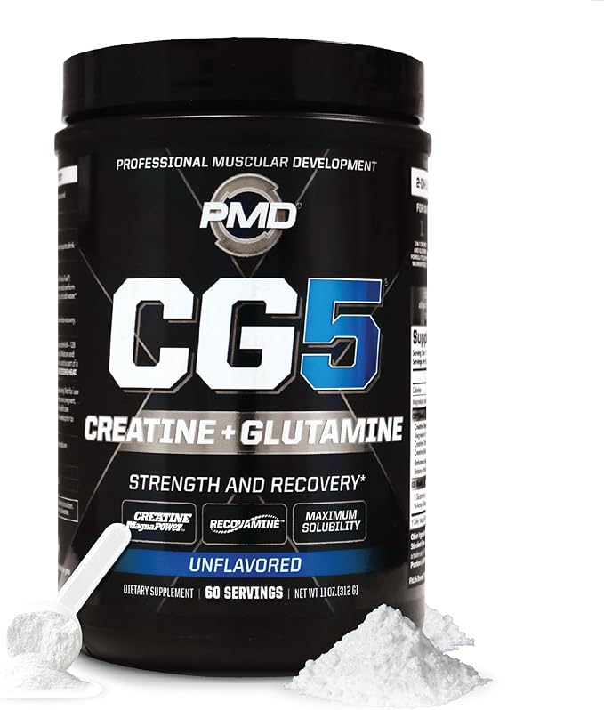 PMD Sports CG5 Premium Creatine &amp L Glutamine Powder Power Recovery Build Lean Muscle Increase Workout Performance Maximum Strength Pre Workout &amp Post Workout Unflavored 60 Servings