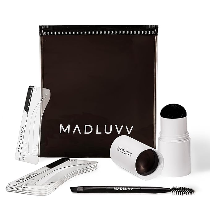 MADLUVV Brow Stamp Kit with Brow Stencils ? Easy Eyebrow Shaper for Natural-Looking Brows ? Popular Eyebrow Stencil Kit Used by Professionals ? 9 Shapes Spoolie Travel Bag &amp Stamp (Nearly Black)