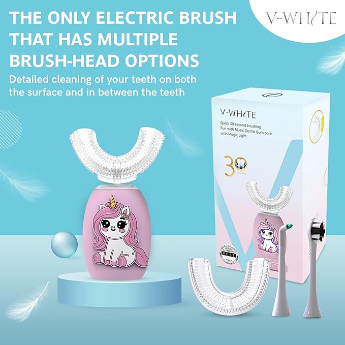 V-WHITE Electric Toothbrush Kids- Ultrasonic U-Shaped Toothbrushes for Teeth Whitening - 360° Mouth Cleansing Hands Free Gums Protection - Wireless Charging &amp LED Light - Waterproof IPX7 Certifie