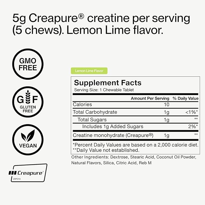 Momentous Creatine Chews - Creapure Creatine Monohydrate - Supports Strength Lean Muscle &amp Recovery for Men &amp Women - NSF Certified for Sport - 150 Chewable Tablets - Lemon Lime