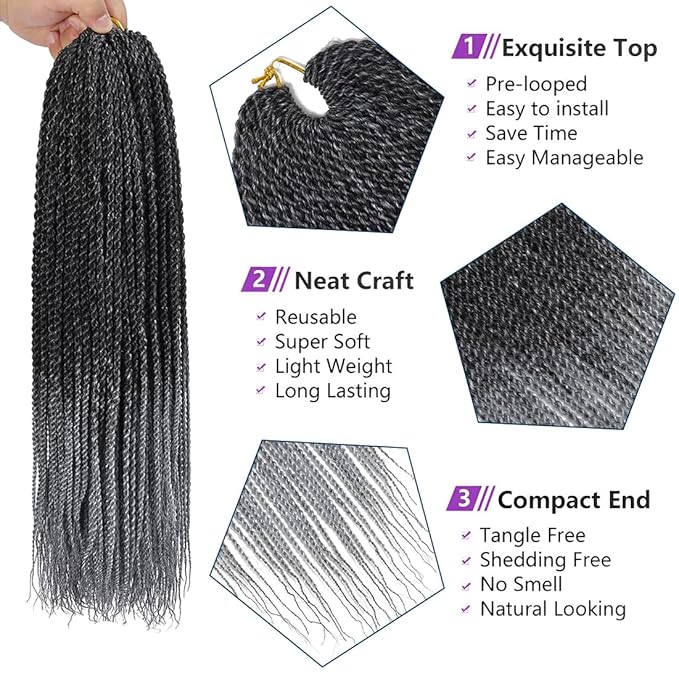 Crochet Braids Senegalese Twist Crochet Hair 7 Packs Pre Looped Micro Senegalese Twist Braiding Hair Ombre Crochet Braids for Women (24inch TGray)