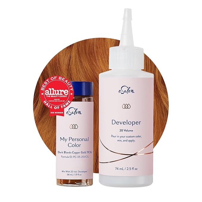 eSalon Permanent Hair Color &amp Hair Dye Complete Kit - Dark Blonde Copper Gold - Personal Colorist Kit for Up To 100% Gray Coverage for All Hair Types - Professional-Grade Ammonia-Free Hair Dye