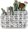 LUEXBOX Crystal Makeup Brush Holder One-Piece Square Brush Organizer Cosmetics Brush Storage Container for Table Dresser Bathroom Bedroom Organization (Silver)