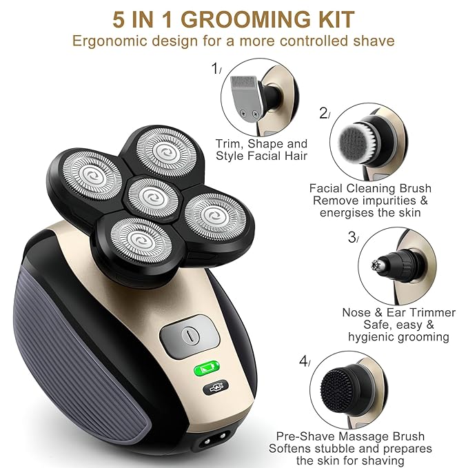 Bald Shavers for Men - Telfun Upgrade 5-in-1 Electric Head Shavers for Bald Men 100% Waterproof Cordless Razor Wet/Dry Shaving 5 Dual Track Heads Mess-Free Hair Capture