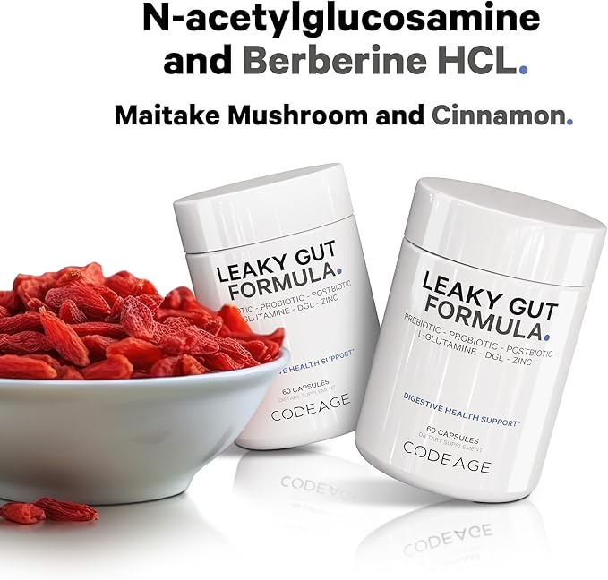 Codeage Leaky Gut Supplement L-Glutamine N-Acetylglucosamine Probiotic Butyric Acid Polyphenols Quercetin DGL Marshmallow Root Berberine BioPerine Cinnamon Vegan Non-GMO 60 Capsules