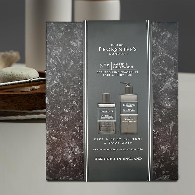 Pecksniff's Face &amp Body Duo Amber &amp Oud Wood ? Men?™s Grooming Gift Set with 100ml Face &amp Body Cologne and 250ml Body Wash ? Luxury Fragrance Collection Made in England