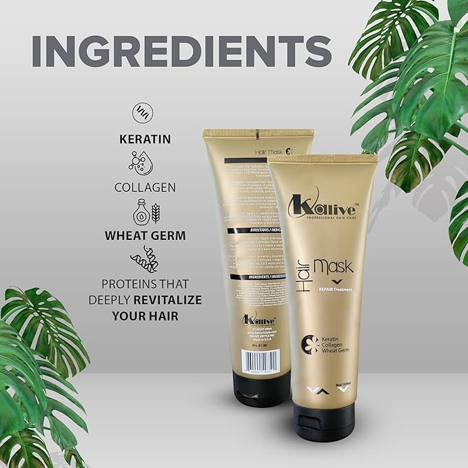 KALIVE Hair Mask for Deep Hydration &amp Repair - 8 oz. Keratin Collagen &amp Wheat Germ - Hair Care Products for Dry Damaged Hair.