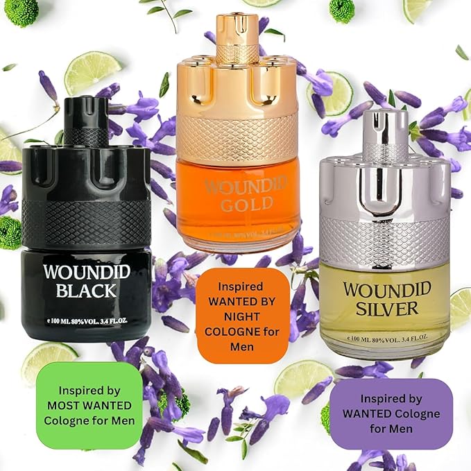 Woundid Men's Cologne Gift Set Black Gold Silver 3.4 oz Each Woody Spicy Fragrance with Amberwood and Cardamom 3-Pack