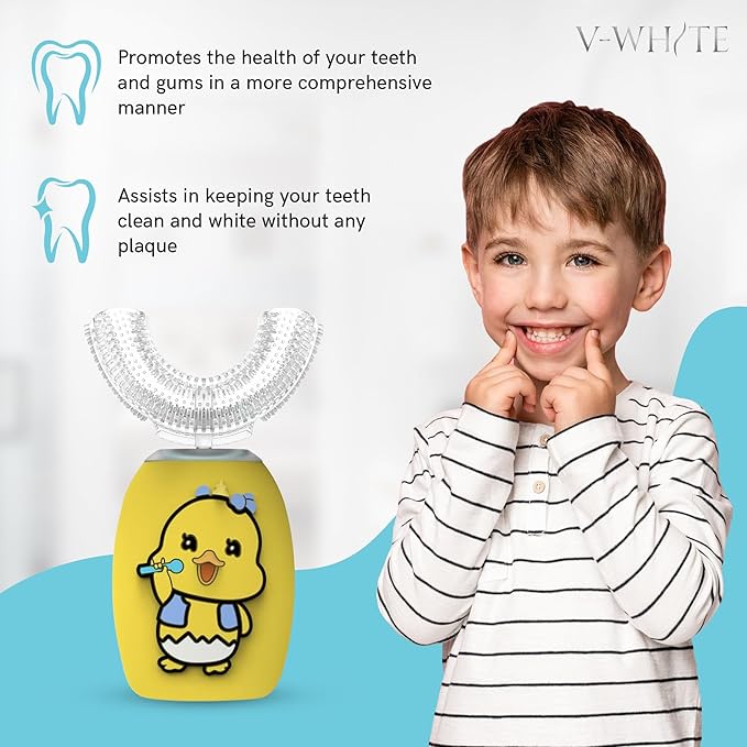 V-WHITE Ultrasonic U-Shaped Toothbrush For Teeth Whitening Electric Toothbrush - 360° Mouth Cleansing Hands Free Gums Protection - Wireless Charging - Waterproof IPX7 Certified (YELLOW - KIDS KIDS)
