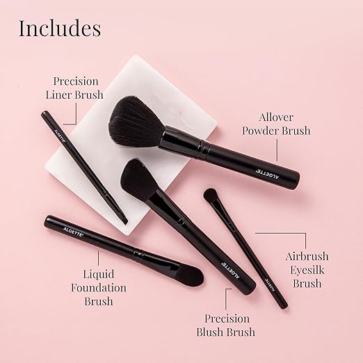 Aloette Professional 5-Piece Makeup Brush Set - Collection Includes Powder Brush Blush Brush Liquid Foundation Brush &amp 2 Eyeliner Brushes - Cruelty Free Synthetic Makeup Brushes for Face