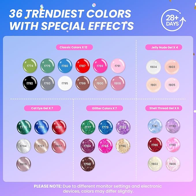 Beetles Gel Nail Polish Kit with U V Light - Gift Box Wild Gleam Collection 36 Colors Nail Polish Kit 75 Pcs for Women Girls Gel &amp Top Base Coat with Brushes &amp False Nails Tip Must Have Salon
