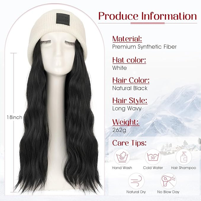 S-noilite Beanie Wig with Hair18 Inch Long Wavy Hair Extensions with White Knitted Hat Hairpieces for Women Winter Natural Black