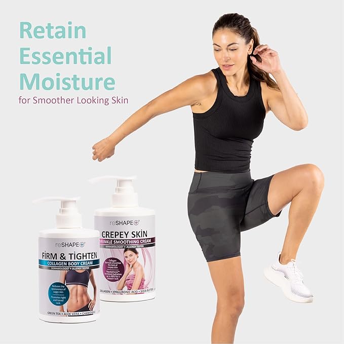 Reshape Collagen Body Cream + Crepey Skin Treatment Lotion Moisturizer Skin Care Set Crepey Skin Cream Targets Wrinkles &amp Sagging Skin While Collagen Hydrates + Tightens Skin 15 Fl Oz (Pack of 2