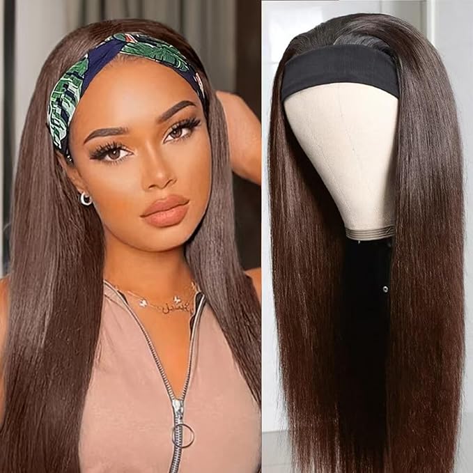 Straight Chocolate Brown Headband Wig Human Hair for Women 14-Inch 180% Density Headband Wigs Glueless Human Hair Wig(Straight #4)