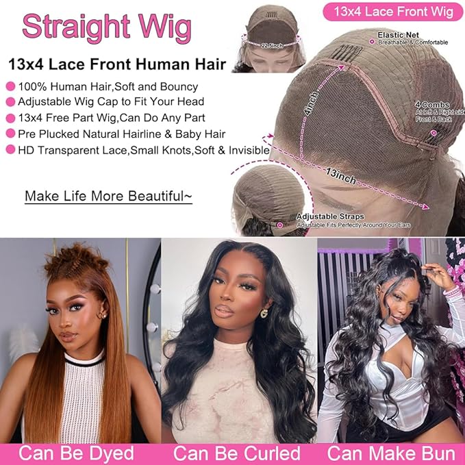 BELE 13x4 Lace Front Wigs Human Hair 24 Inch 200% Density Pre Plucked Brazilian Virgin Straight Skinlike Real Hd Lace Frontal Wigs Human Hair Glueless Straight Lace Front Wigs for Women Natural Color