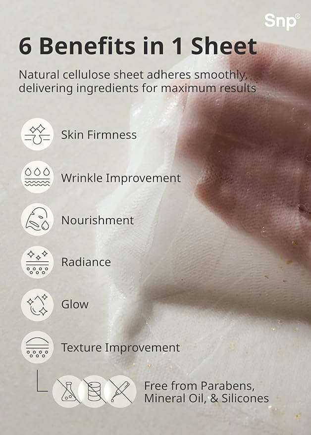 SNP 1000mg Collagen + 24K Gold Ampoule Sheet Mask | Collagen Face Masks Skincare | Tightening Hydrating and Nourishing | Korean Skin Care | Overnight Face Masks | Moisturizing Face Mask | 10 Sheets