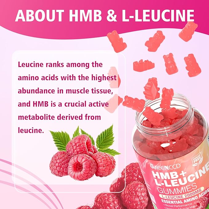 2 Pack HMB and L-Leucine Gummies 3000mg HMB and Leucine Amino Acid for Muscle Growth Muscle Mass Muscle Relief and Fast Workout Recovery for Men &amp Women Sugar-Free Raspberry Flavor 120 Cou