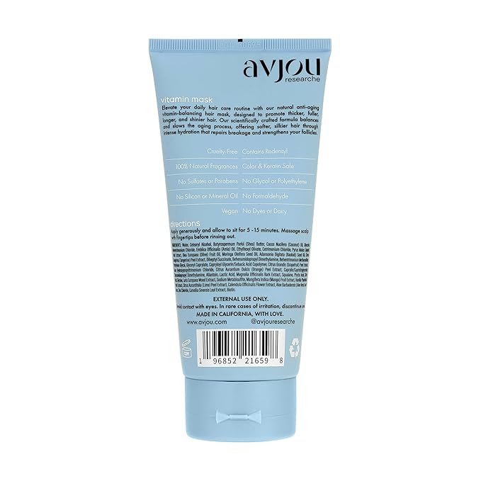 Avjou Researche??Vitamin Mask ? Supports the Look of Thicker Fuller Hair ? Vegan Color &amp Keratin Safe Hydrates &amp Strengthens with Redensyl??? Designed for All Hair Types 6 oz