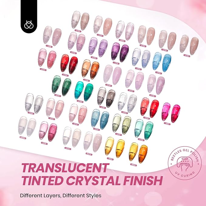 Beetles Jelly Gel Nail Polish Set 53PCS 36 Colors Jelly Pink Milky White Red Black Blue Green Silver Cat Eye Base Glitter Glossy Matte Top Coat Crystal Ice Collection French Nails Gift for Women