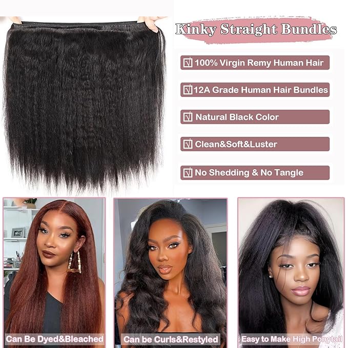 Kinky Straight Bundles Human Hair Yaki Straight 16 18 20 22 Inch 4 Bundles 12A 100% Unprocessed Brazilian Human Hair Quick Weave Kinkystraight Bundles Natural Black Hair Extensions