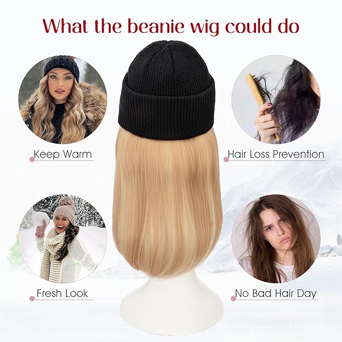 S-noilite Beanie Wig Hair Extensions11 Inch Short Straight Hair Extensions with Knitted Hat Hairpieces for Women Winter Ash Blonde with Bleach Blonde
