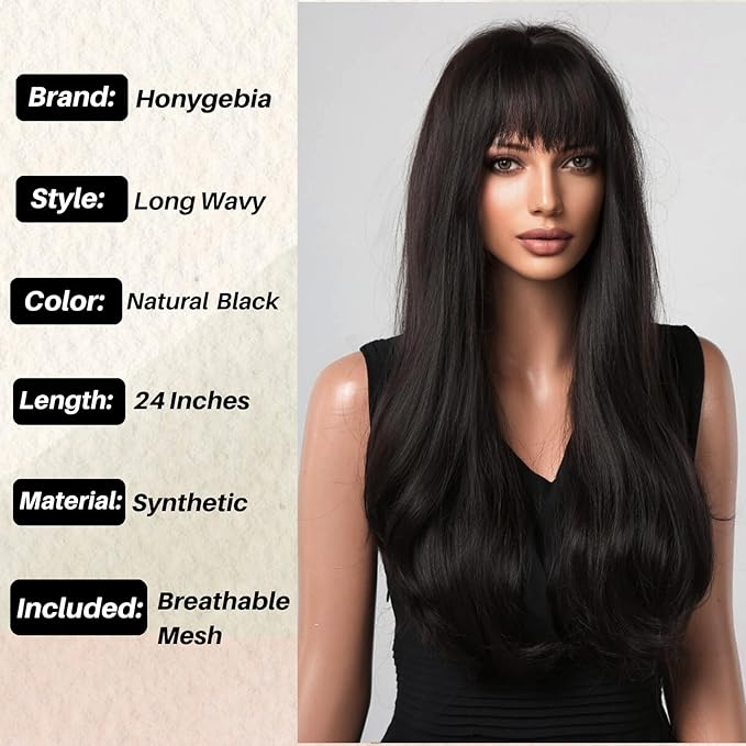 Honygebia Black Wig with Bangs - Natural Black Wigs for Women Long Straight Wavy Synthetic Hair Layered Realistic Heat Resistant Wig Best for Halloween/Christmas/Cosplay/Party
