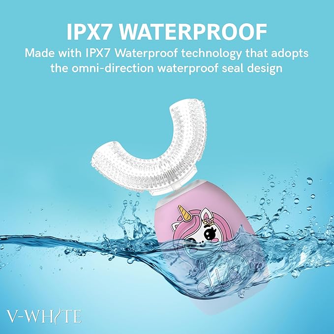 V-WHITE Electric Toothbrush Kids- Ultrasonic U-Shaped Toothbrushes for Teeth Whitening - 360° Mouth Cleansing Hands Free Gums Protection - Wireless Charging &amp LED Light - Waterproof IPX7 Certifie