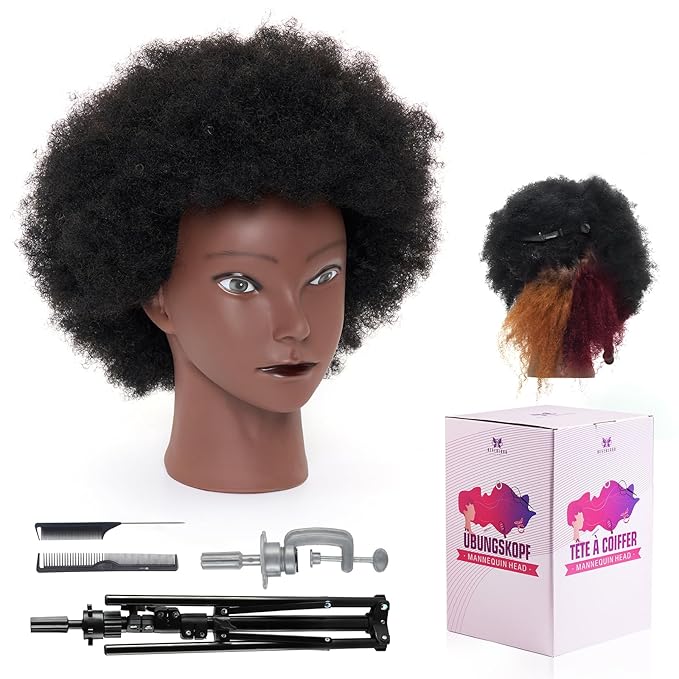 100% African Mannequin Head Human Hair4C Afro Curly Cosmetology Manican Manikin Doll Head with 47??Mannequin Head StandTable CalmpBraiding Set for Display Practice Braiding Styling Training