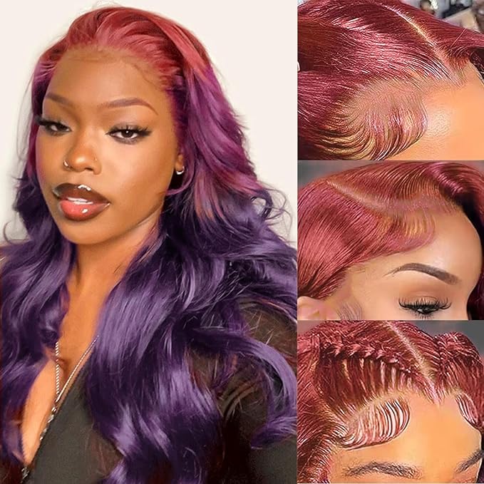 Dark Purple Ombre 13x4 HD Lace Front Wigs Human Hair Body Wave 3 Tone Pink to Purple Glueless Wigs Pink Root Rainbow Colored 180% Density 28 Inch