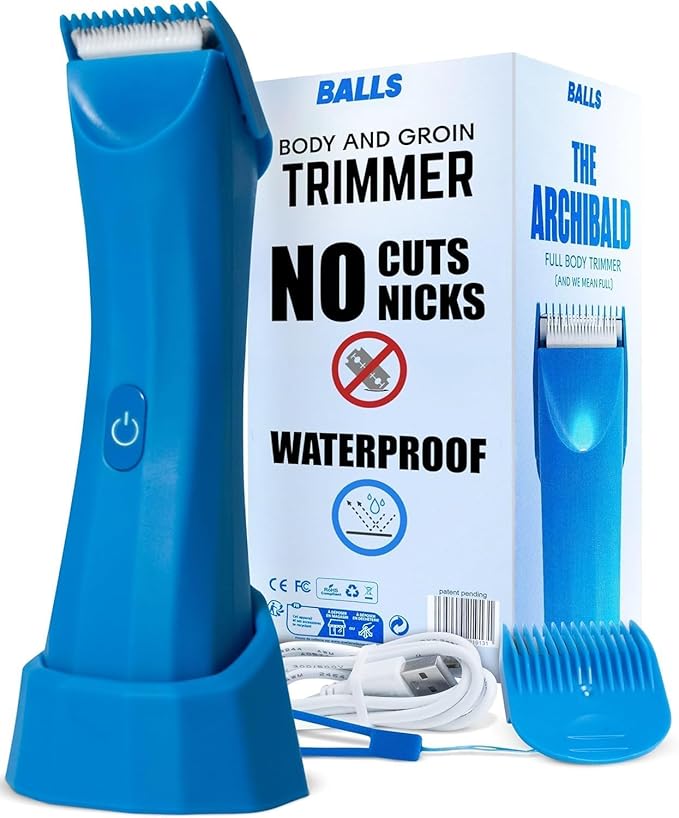 BALLS Trimmer V3 The Archibald - Body &amp Pubic Hair Shaver for Men - No Cuts Sacksafe Guard Rechargeable 100% Waterproof Cordless - Wet/Dry with Replaceable Ceramic Blades Archibald Trimmer
